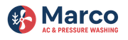 Logo of Marco AC & Pressure Washing with a yin-yang-style design incorporating an AC unit and fan.