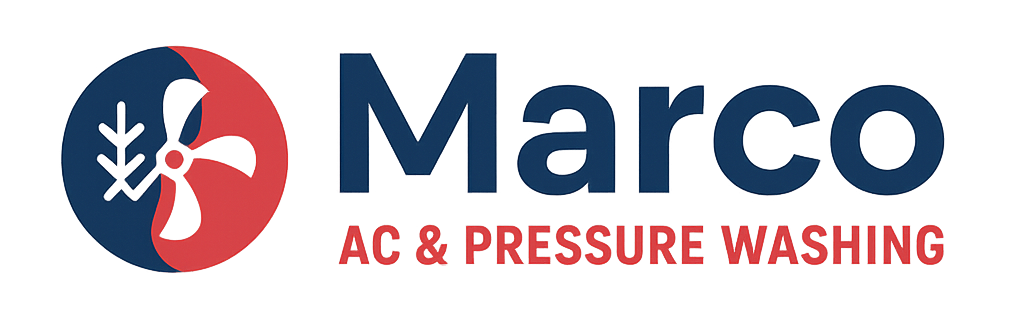 Logo of Marco AC & Pressure Washing with a yin-yang-style design incorporating an AC unit and fan.
