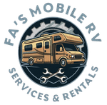 FA's Mobile RV Services & Rentals logo with tan motorhome and crossed wrenches on dark circle
