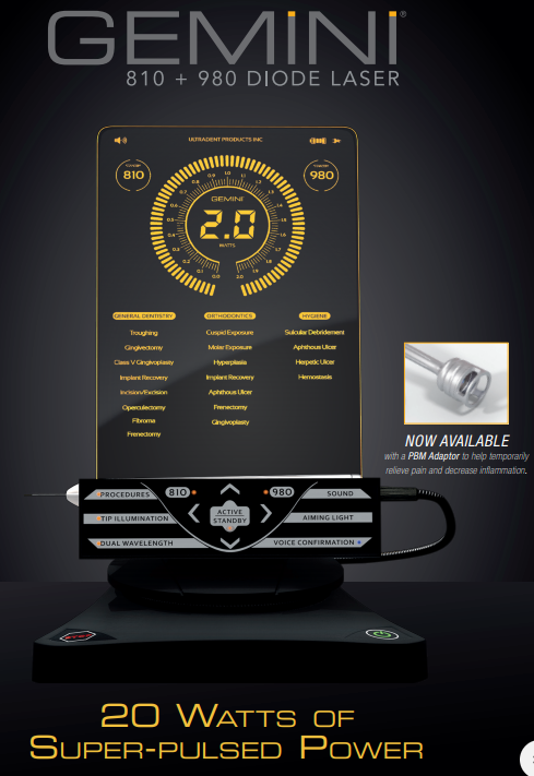Gemini 810+980 diode laser, black and gold design, with digital display and handheld applicator. — Trower Dental In Casuarina, NT