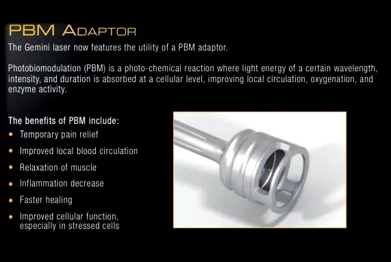 PBM adaptor with text on photobiomodulation and its benefits, plus an image of the device. — Trower Dental In Casuarina, NT