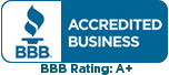 A blue and white logo for an accredited business with a bbb rating of a+.