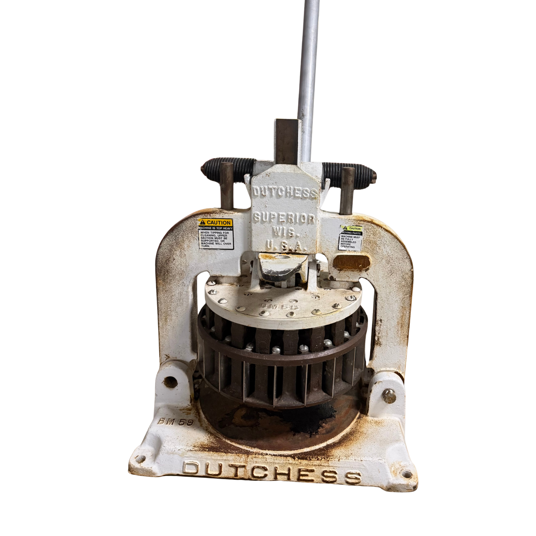Rusty vintage metal machine labeled “DUTCHESS” with a vertical rod on top, isolated on white background