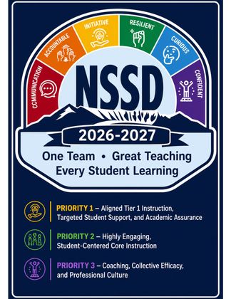NSSD 2026-2027 poster with team logo and three priority goals on a blue background