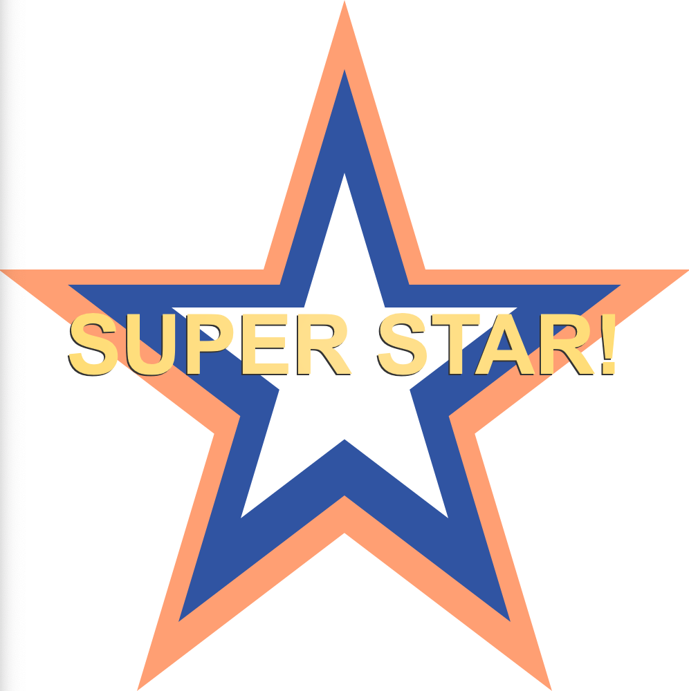 Star-shaped graphic with blue and peach borders, white center, and 