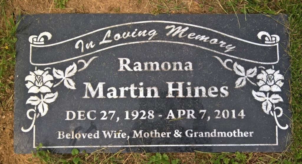Black headstone for Ramona Martin Hines, with birth and death dates, and 