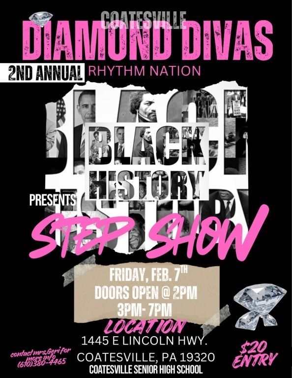 Event flyer for a Black History Step Show  Pink and black design, featuring photos of Black historical figures.