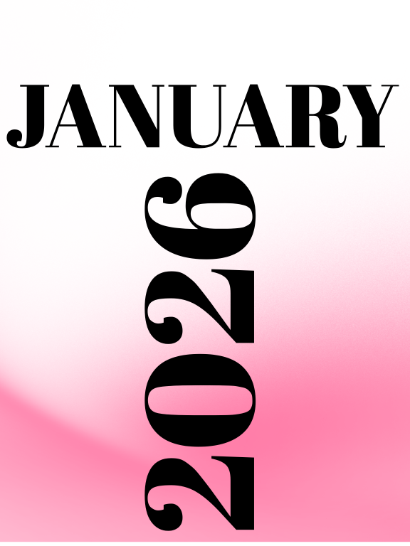 January 2026 displayed vertically in black, with a pink gradient background.
