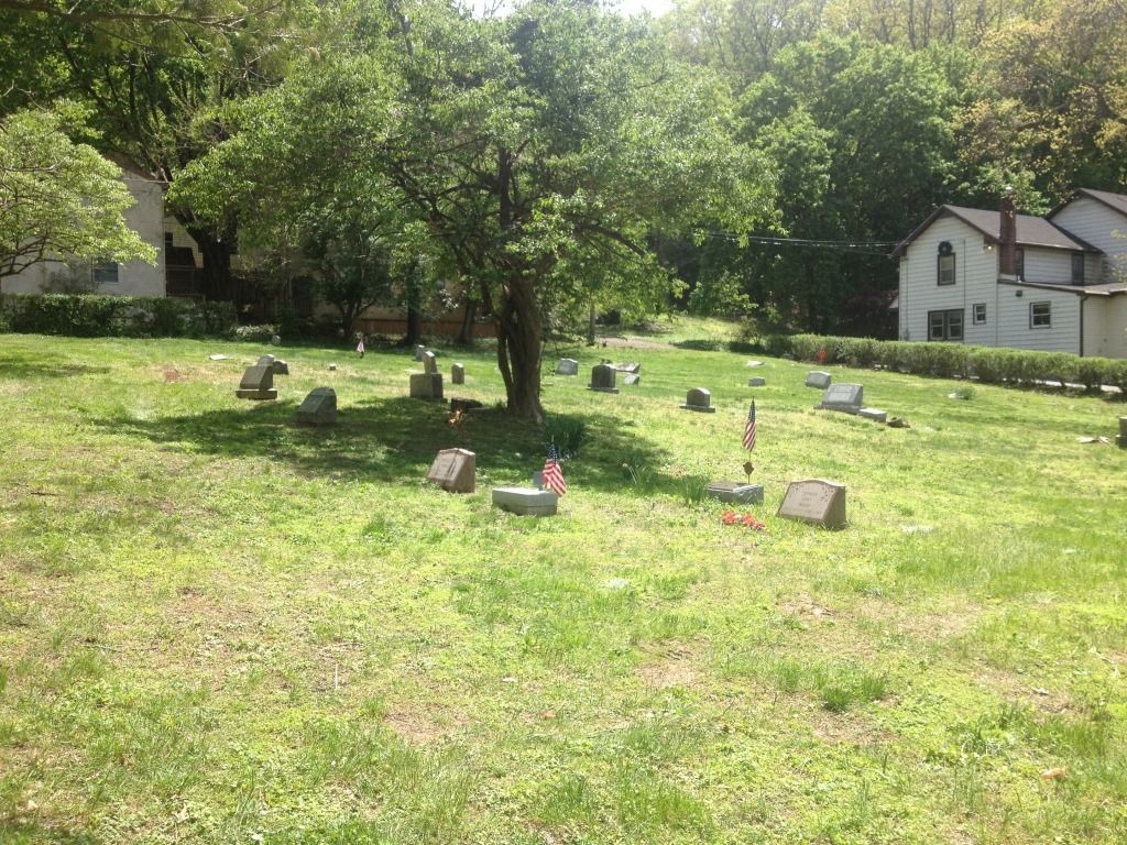 Cemetery with headstones and a tree in the middle, set in a grassy area with houses visible in the background.