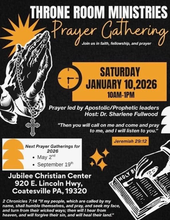 Prayer gathering flyer: hands in prayer, cross, bible