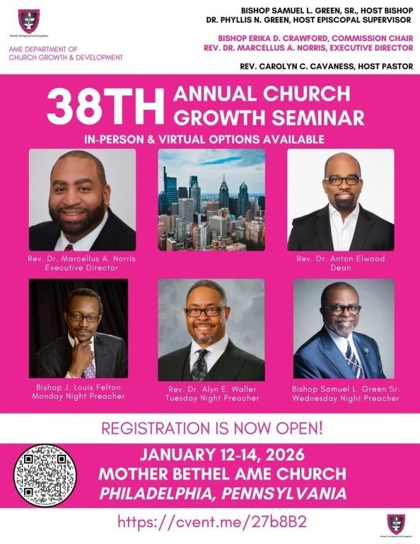 Flyer for 38th Annual Church Growth Seminar in Philadelphia, January 12-14, 2026. Featuring speakers and event details.