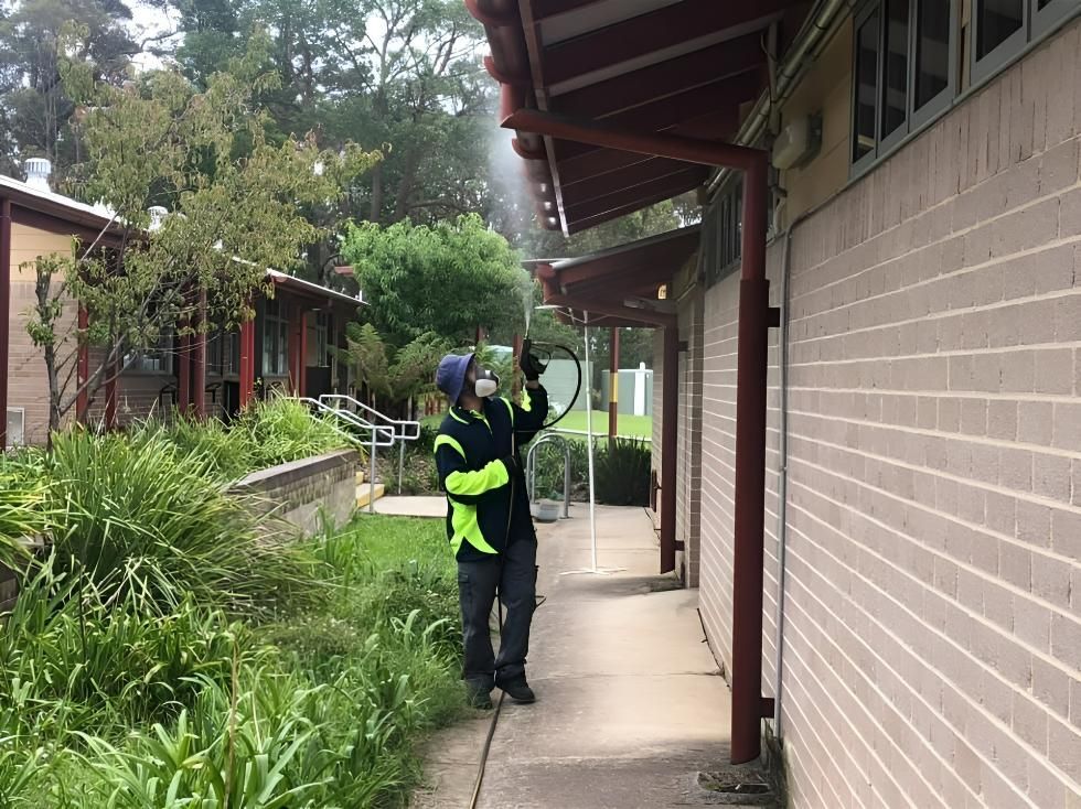 A Man is Spraying a Building With a Sprayer — TC Pest & Termite Control In Moss Vale, NSW
