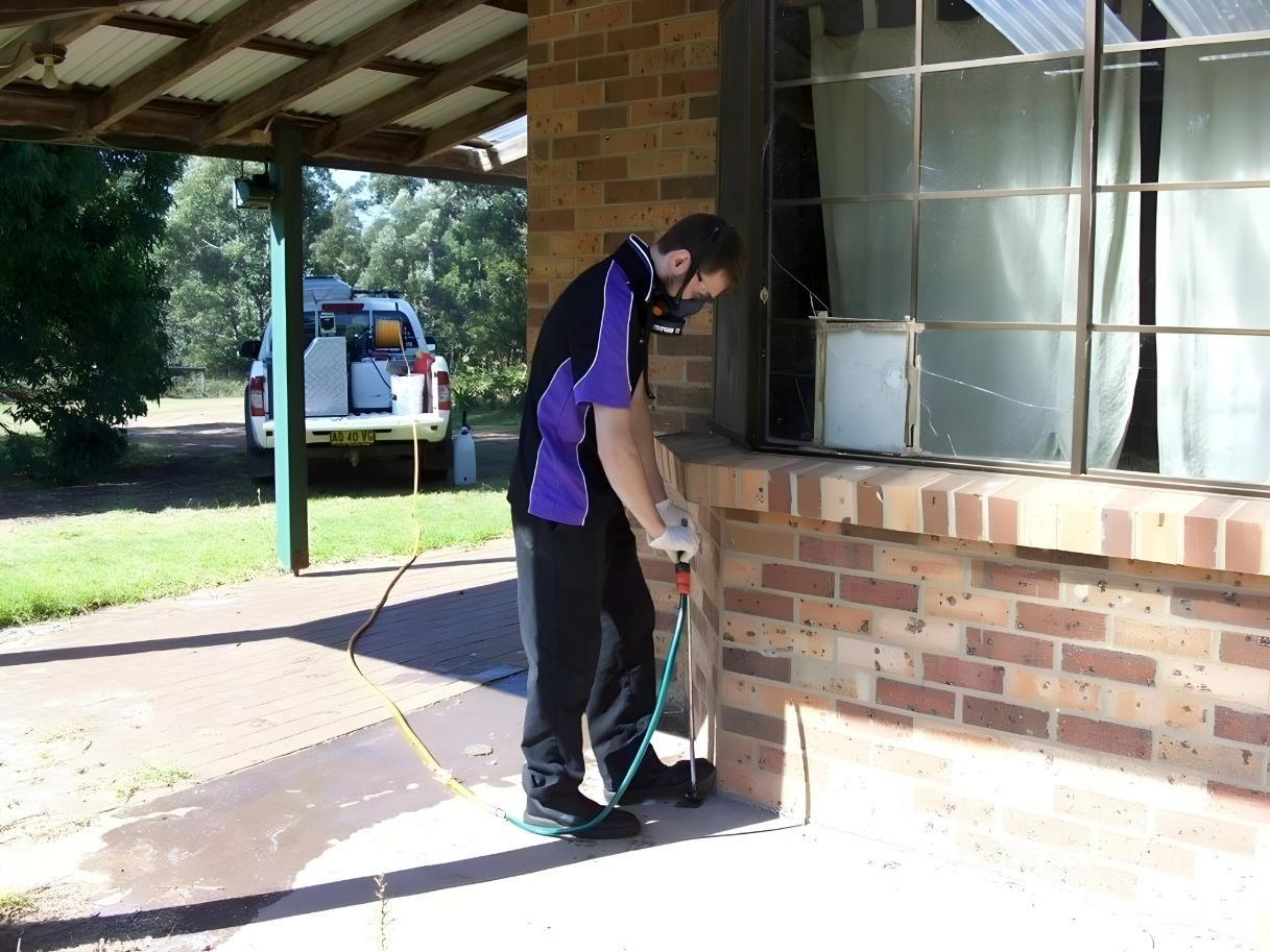 A Man in a Purple Shirt is Spraying a Brick Wall With a Hose — TC Pest & Termite Control In Mittagong, NSW