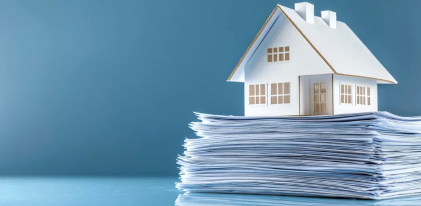 Alt Text: cardboard house sitting on top of a stack of papers