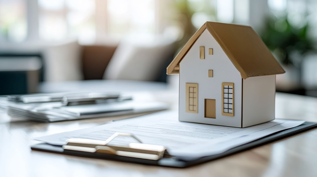 A small, white model house sits on top of a clipboard with legal documents, placed on a light wooden