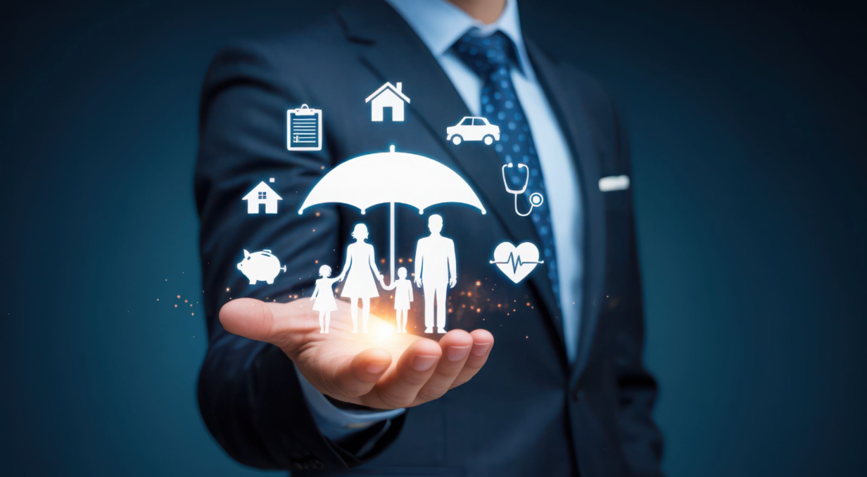 Insurance agent holding a glowing umbrella over a family with icons representing home, auto, health
