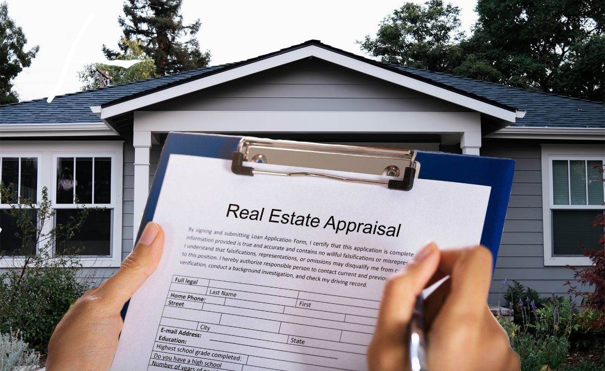 A person is holding a clipboard with a real estate appraisal on it in front of a house.