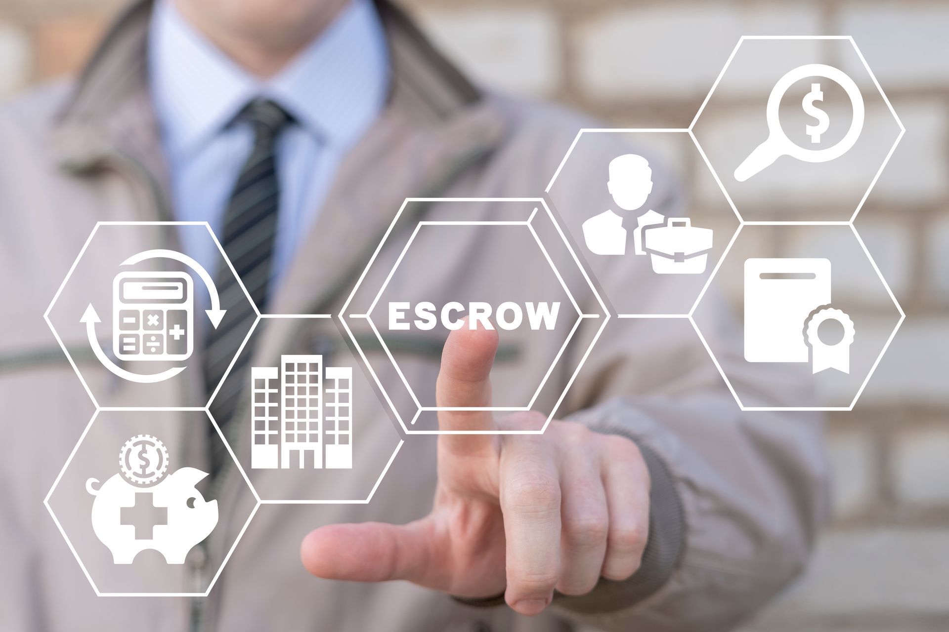 A man is pressing a button on a virtual screen that says escrow.