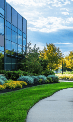 Picture of an office building with nicely landscaped and manicured lawn
