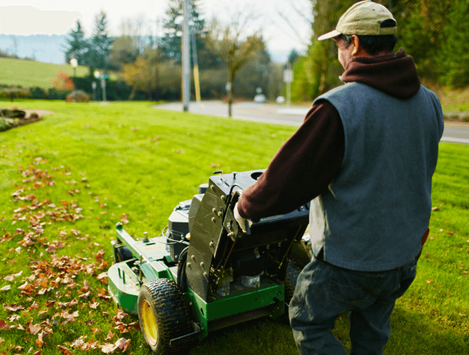 A man is riding a standup-style lawn mower on a lush green lawn