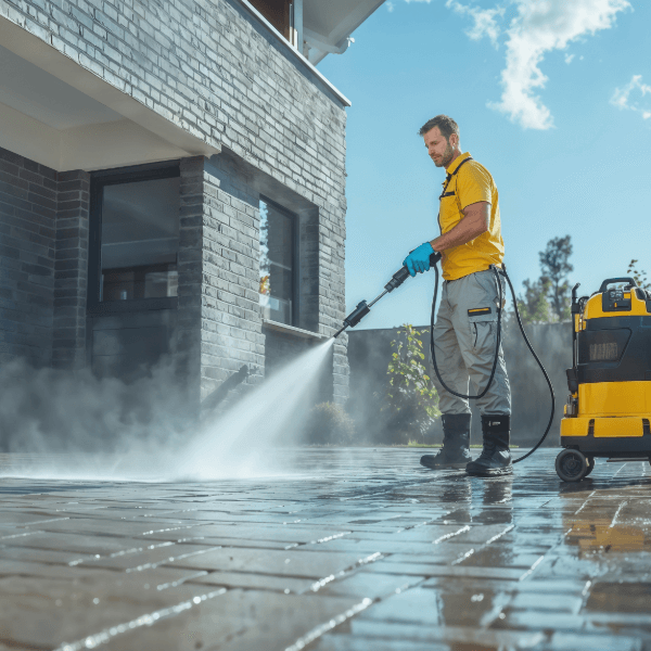 A uniformed man is using a high pressure washer to clean a brick-paved driveway.