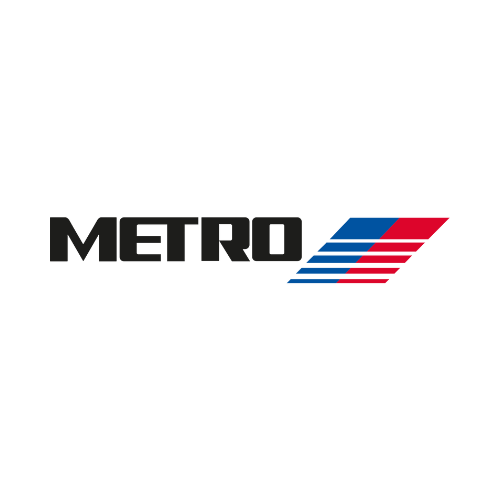 A metro logo with a red , white and blue stripe on a white background.