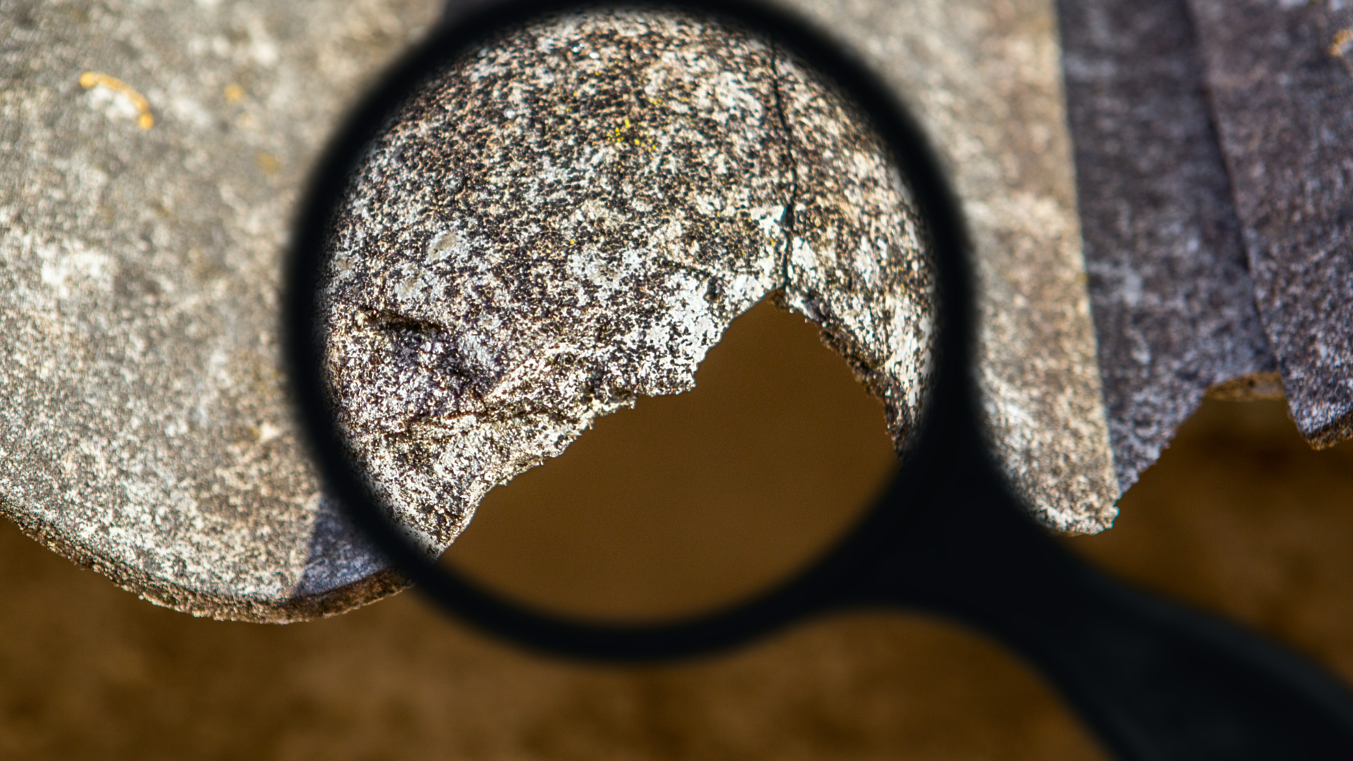 A magnifying glass is looking at a piece of rock.