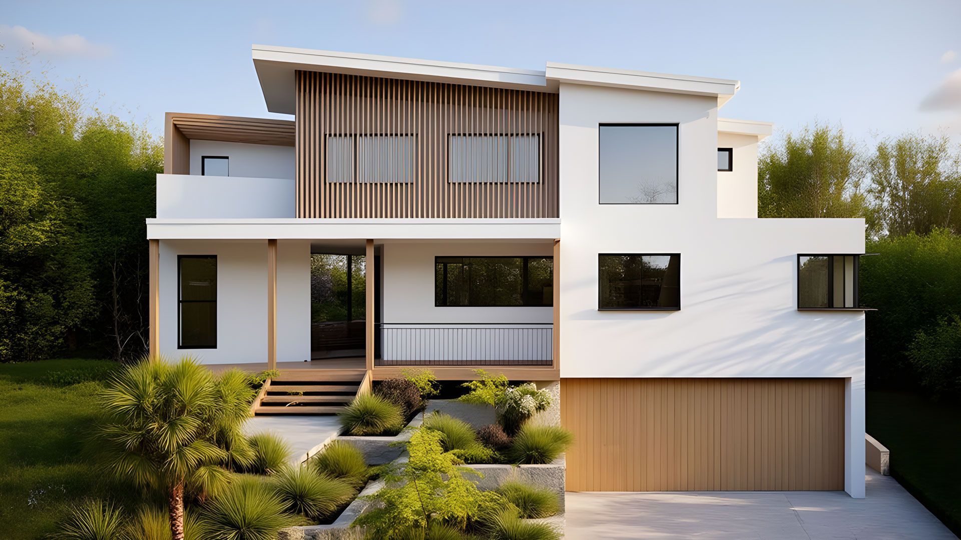 Modern two-story house with a sloped roof, wooden accents, and a garage. Lush greenery surrounds the structure  — Make The Mark Building Services in Illawarra, NSW