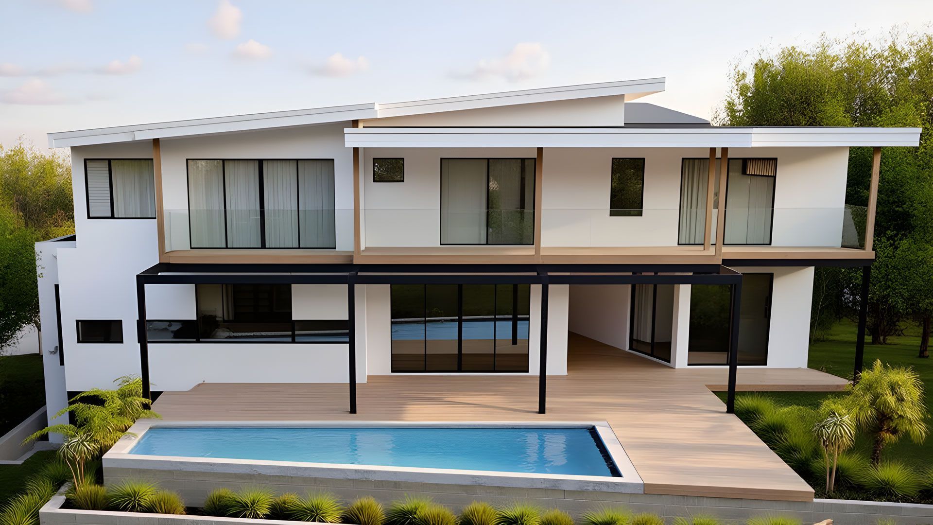 Modern two-story house with a pool. White exterior, black trim, wooden deck, and glass sliding doors  — Make The Mark Building Services in Illawarra, NSW