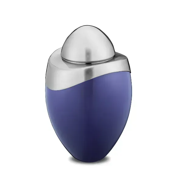 Blue-and-silver oval cosmetic bottle with a metallic cap on a white background