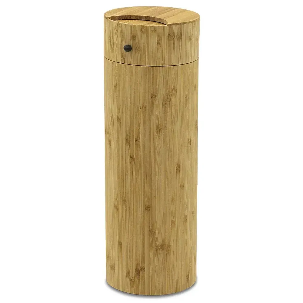 Bamboo cylindrical container with a small lid and black knob on a white background