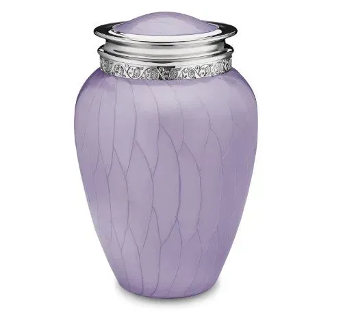 Lavender urn with silver decorative trim and lid on a white background