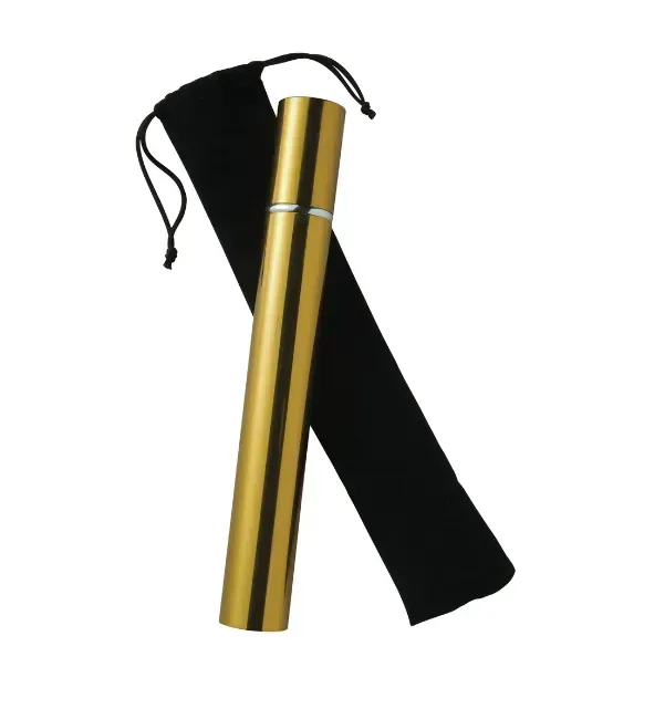 Gold graduation diploma tube with black ribbon and black case on white background