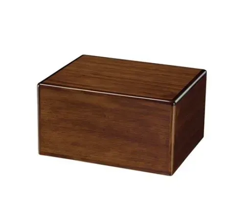 Brown wooden storage box with a hinged lid on a white background