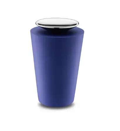 Blue cylindrical trash can with a silver lid