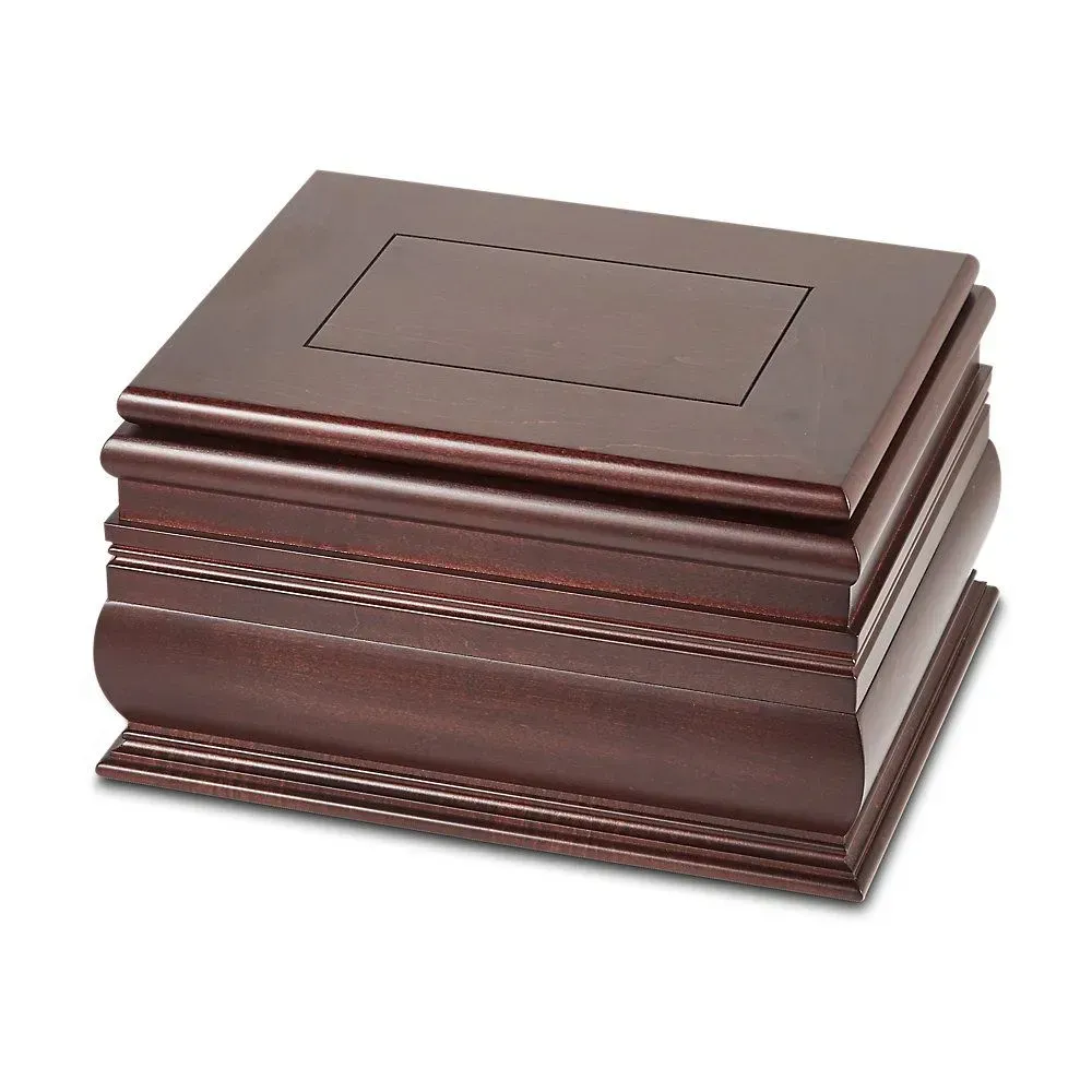 Brown wooden urn with a polished rectangular lid and layered base