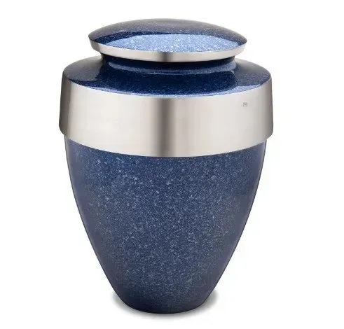 Blue speckled urn with silver band and lid