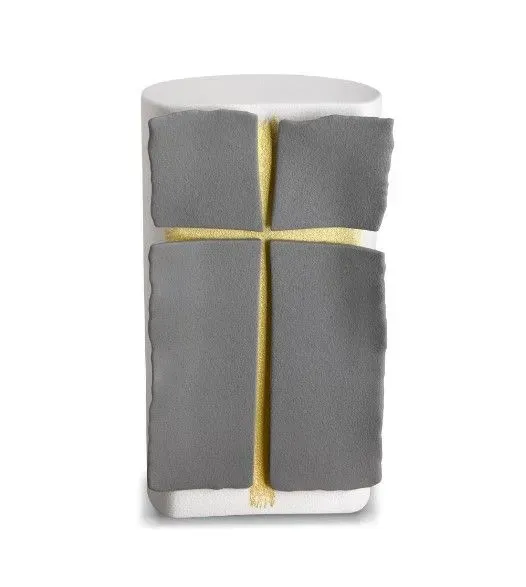 Gray fabric pouch tied with a gold ribbon crossing vertically and horizontally on a white background