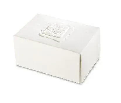 White cardboard gift box with a decorative embossed label on top
