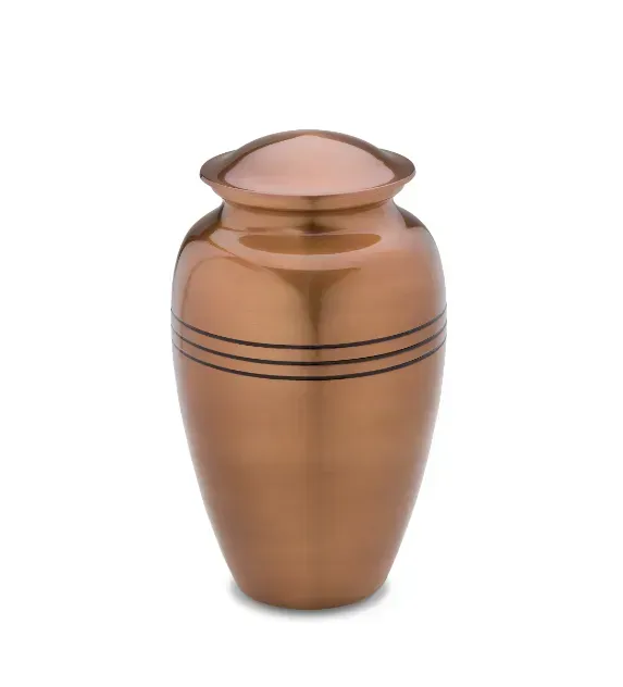 Copper-colored decorative urn with black bands and a flared lid on a white background