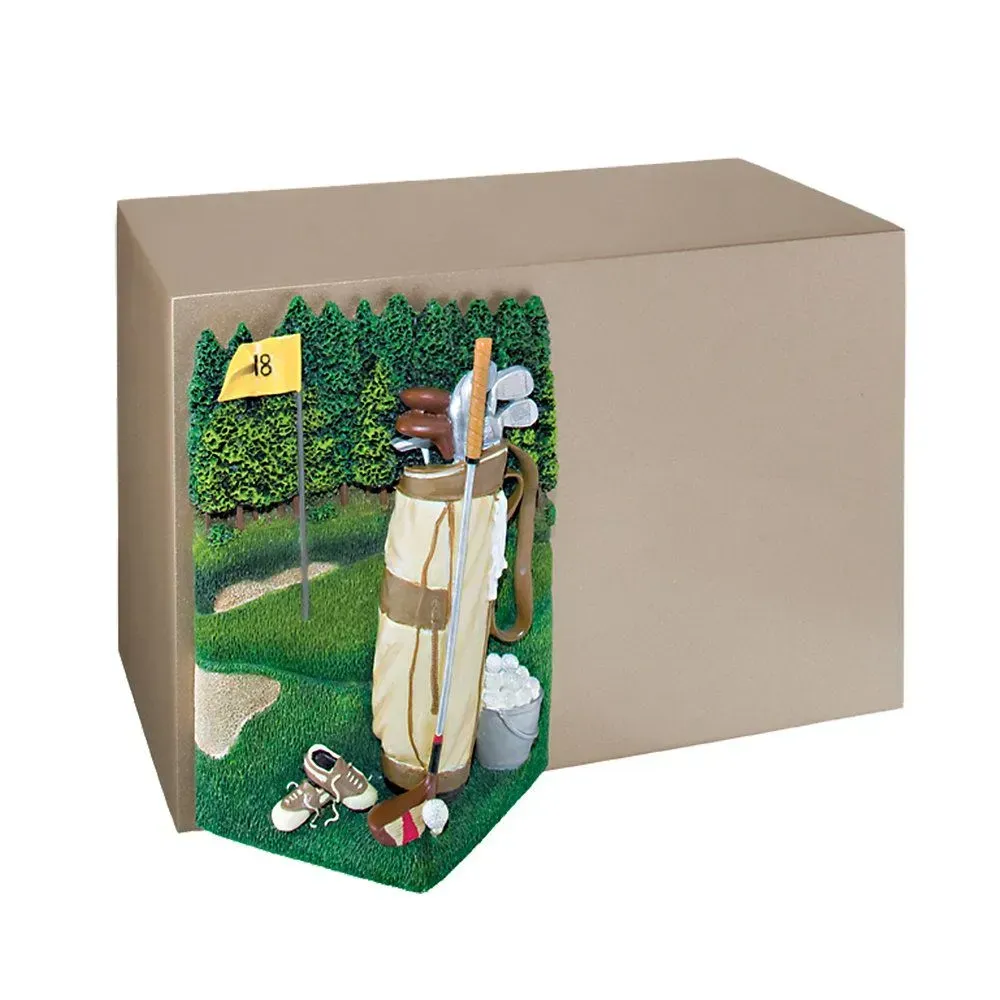 Golf bag and clubs in a beige display box with a small green putting scene and flag