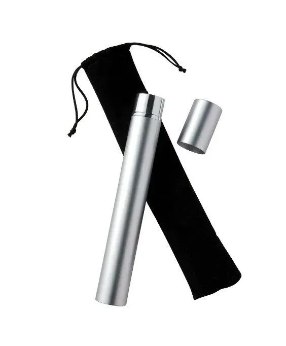 Silver cylindrical baton with black case and cap on a white background