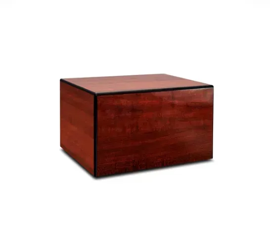 Wooden rectangular box with a dark red finish and black trim on a white background