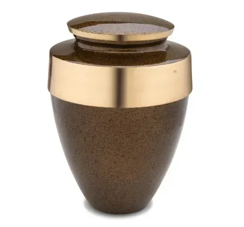 Brown and gold decorative urn with a lid, isolated on a white background