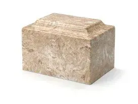 Beige marble box-shaped urn with a lid on a white background