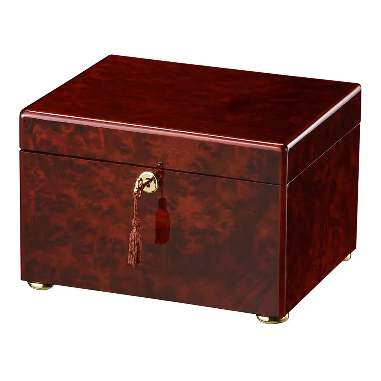 Dark wood jewelry box with a glossy finish and hanging tassel clasp