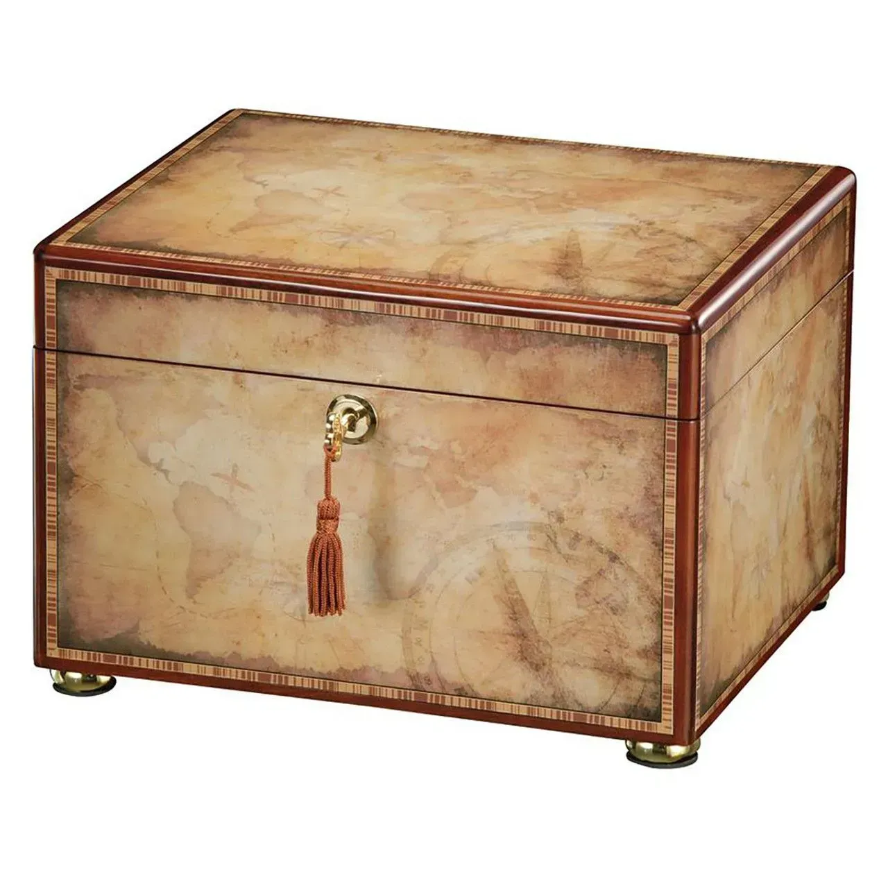 Vintage beige jewelry box with a tassel lock and brass feet