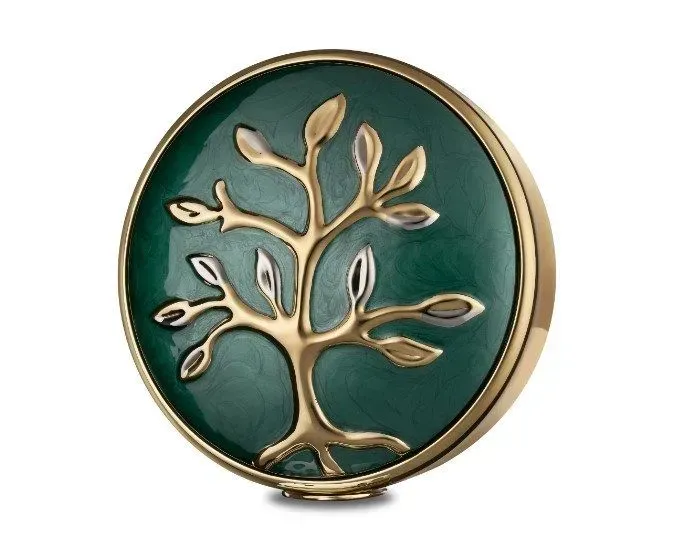Gold tree silhouette on a round teal enamel brooch