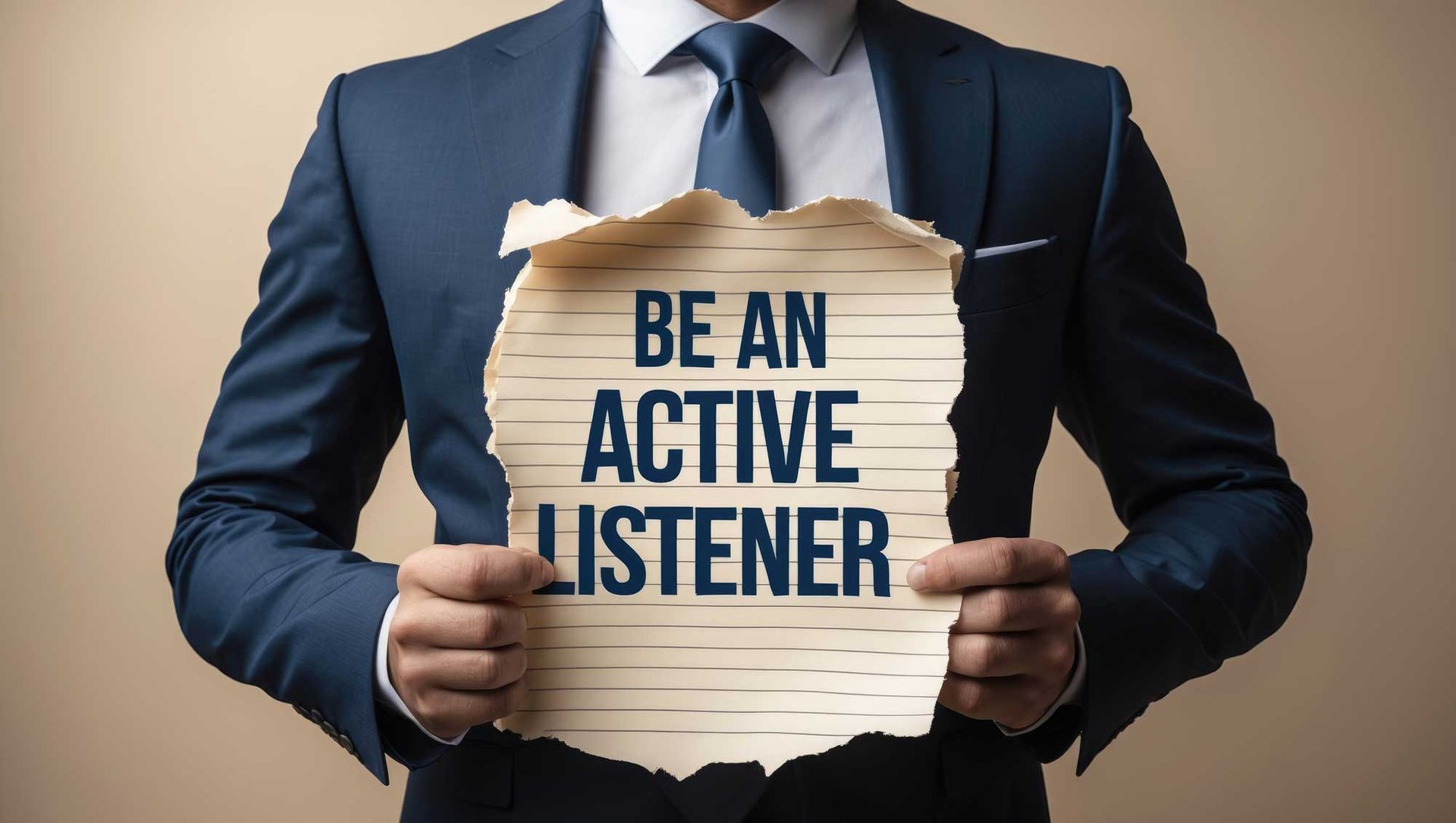 A man in a suit and tie is holding a piece of paper that says be an active listener.