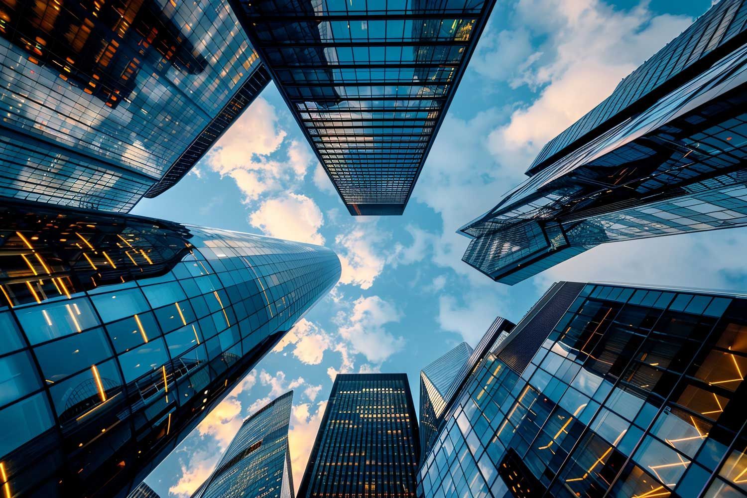 Looking up at a group of tall buildings with a blue sky in the background.